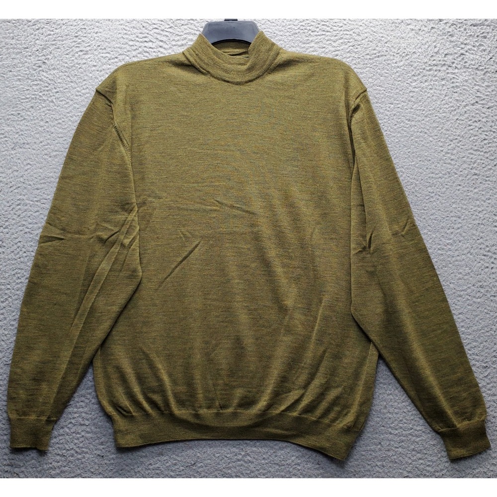 Tom James Sweater Mens Large Green Pure Wool Knit Long Sleeve Mock Neck Italy